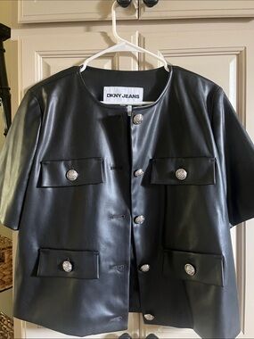 DKNY Black Faux Leather Short-Sleeve Jacket with Decorative Buttons